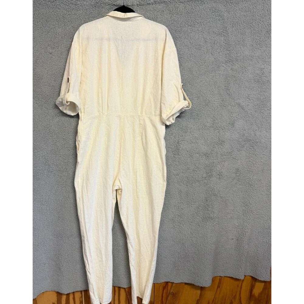 ZARA Linen Blend Jumpsuit Womens L White Roll Tab Sleeves Button Collar Resort